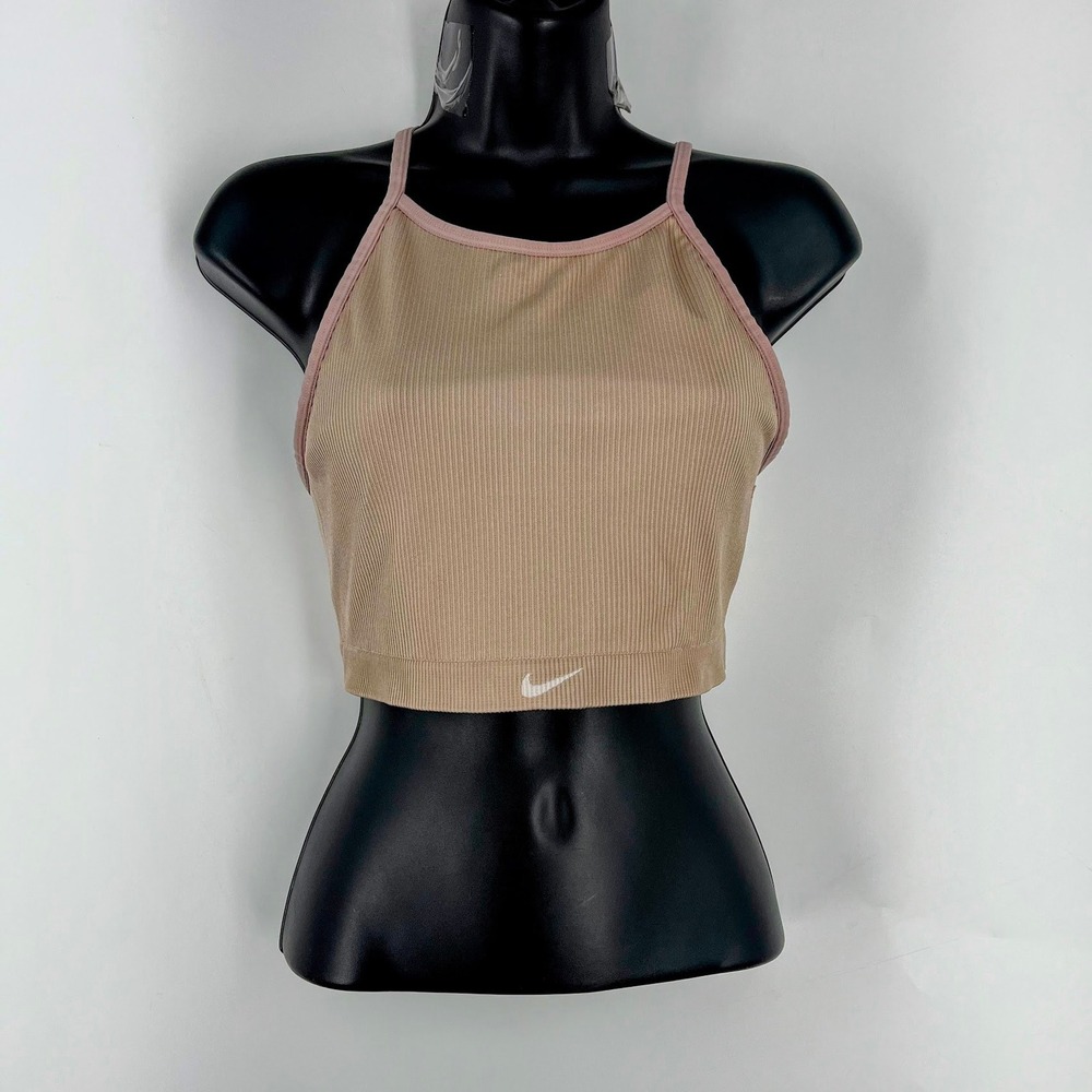 Nike Womens Ribbed High Neck Cropped Tank Top Tan Pink Cross Back Swoosh Logo